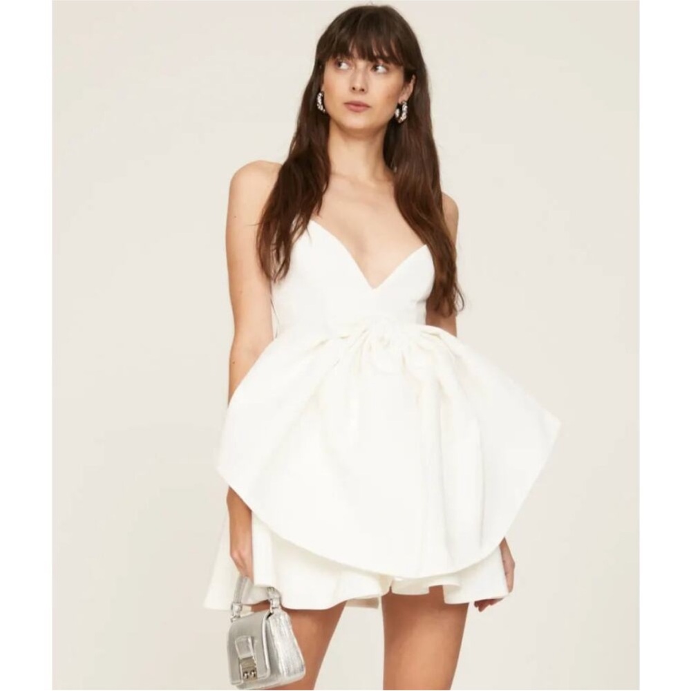 Bardot Dress Womens 6 White Annabelle Mini Bow V Neck Full Skirt